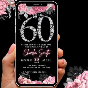 Digital 60th Birthday Invitation for Women, 60th Invite for her, Editable Pink Floral Diamond Party Invitations, Sixty Evite Template
