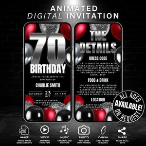 デジタル 70 歳の誕生日ビデオ招待状テンプレート、アニメーション化された赤と銀のサプライズ 70 歳の誕生日の節目パーティー招待状 (旅程の詳細付き)