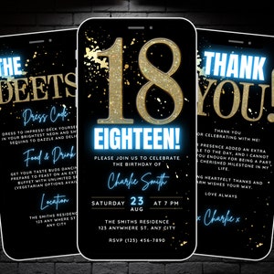 Mädchen animierte 18. Geburtstagsfeiereinladung, Digital 18 Geburtstag einladen Junge, bearbeitbare achtzehn Evite, Reiseplan & Dankeskarte