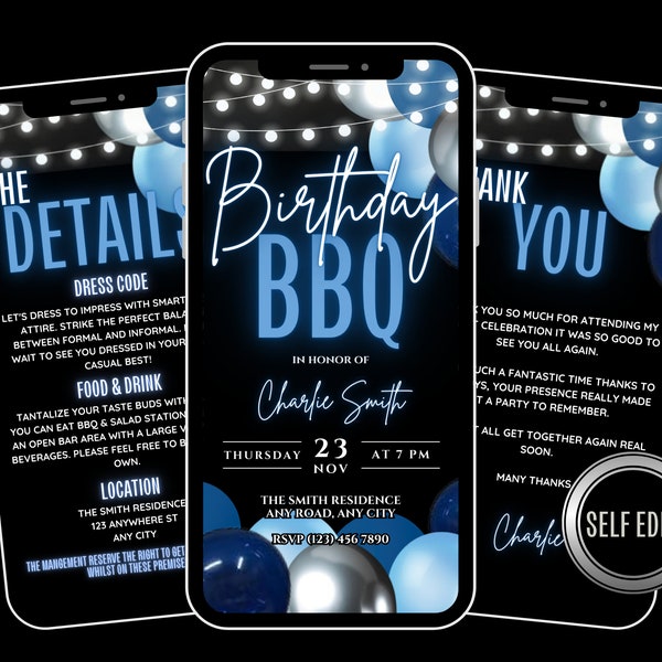 Birthday BBQ invitation, Animated mens Backyard BBQ, Grill and Chill Invite, bbq Invite, Cookout Invite, Man Cave BBQ Party phone invite