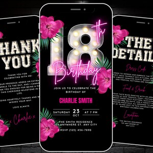 Faire-part 18e anniversaire fille, fête tropicale rose, invitation fête de 18 ans, invitation barbecue d'anniversaire mexicain avec itinéraire et carte virtuelle de remerciement