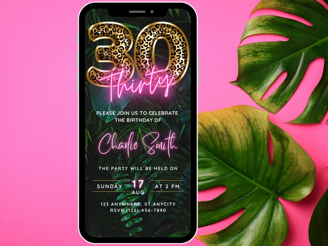 Thirty Invite 30th Birthday Invitation Digital for Her, Fun Tropical Themed Leopard Print ...
