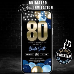 Digital 80th Birthday Party Invitation Template, Editable Animated Blue & Gold Theme 80th Birthday Flyer, Luxury 80th Bday Invite for Men
