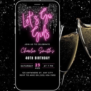 Girls Night Out Invitation Digital Invite, Lets Go Girls Invite, 30th Birthday Invitation Stylish Neon Pink Glam, Bachelorette Party, 28th