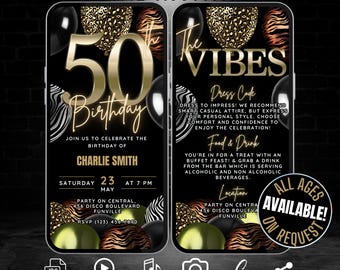 Digital 50th Birthday Party Invitation Itinerary Template, Editable Fifty Birthday Milestone Gold Animal Leopard Print 50 Video Invite