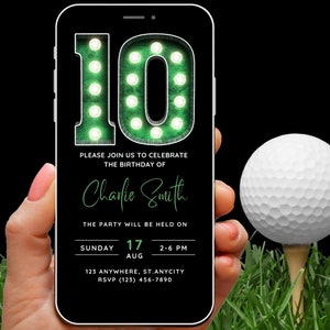 Zaproszenie na 10. urodziny dla chłopców, szablon zaproszenia na przyjęcie urodzinowe dla 10-latków, proste dyskretne zaproszenie na telefon komórkowy w stylu golfa i sportu