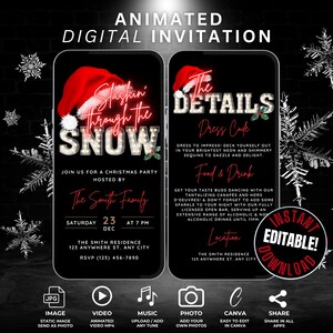 Könnte beinhalten: Eine digitale Einladung zu einer Weihnachtsfeier mit schwarzem Hintergrund und einer roten Weihnachtsmütze. Der Text lautet "Slashi'n Through the Snow" und "The Details". Die Einladung enthält Details zur Party, einschließlich Datum, Uhrzeit, Ort und Kleiderordnung.