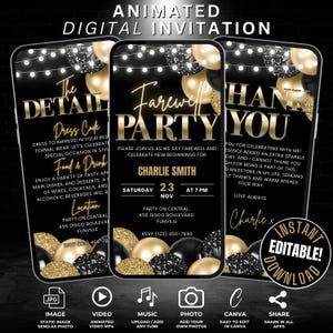 Modèle d'invitation vidéo numérique fête d'adieu, invitation d'adieu animée, invitation de déménagement modifiable en or noir, détails et carte de remerciement