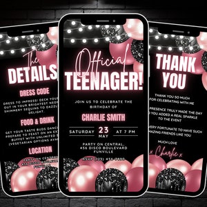 Faire-part pour adolescent officiel animé numérique, faire-part 13e anniversaire fille rose, fête de 13 ans Evite avec détails et carte électronique de remerciement