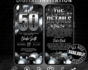 50th Birthday Invitation for Men, Animated 50 digital Invite for Women, Editable Canva Template, Black Silver 50th Party Evite & Details