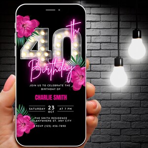 Womens 40th Birthday Invitation Digital Animated 40 Birthday Invitation Flyer, Tropical Themed Bday Bash Invite, Hawaiian Luau Party Evite