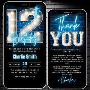 Digital 12th Birthday Party Neon Blue Invitation, Electronic Phone Text Message Evite, Editable Canva Template Teen Birthday for Boys Girls