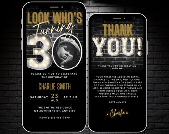 Look Who's Turning 30, Mens 30th Birthday Invitation with Photo, 30th Digital Invite Flyer Canva Template, 30 Party Evite, Mobile Invitation