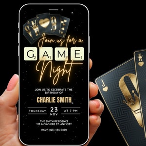 Geanimeerde Game Night uitnodiging voor volwassenen, familie Game Night Party uitnodigen, kaarten uitnodigen, verjaardag Game Night, bewerkbare sjabloon Evite