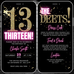 Modèle animé d'Invitation pour la fête du 13e anniversaire pour filles, auto-édition numérique 13e anniversaire Flyer, invitation vidéo rose avec page de détails Evite