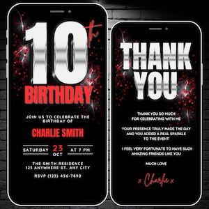 Faire-part 10 ans pour garçons, argent, rouge noir, 10 ans d'invitation vidéo d'anniversaire, carte virtuelle numérique modifiable pour 10e anniversaire de fête et remerciement