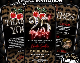 25th Cheetah Print Birthday Invitation & Vibes Leopard Print Evite, Animated Red Cherry Party Flyer, Adult Birthday Dinner and Drinks Invite
