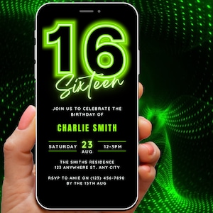 Animated 16th Birthday Invitation, 16th Digital Invite for Boy, 16 yr old Bday Video Invitation, Neon Invite Template, Mobile Phone Evite