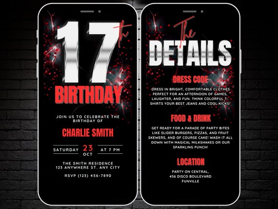 Boys 17th Birthday Invitation Silver Red 17 Year Old Birthday Video Invite,  Editable Digital 17th Bday Party Evite & Itinerary Details Page