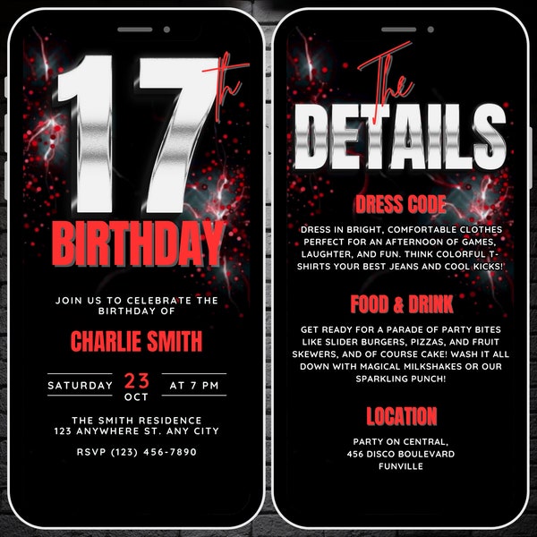 Boys 17th Birthday Invitation Silver Red 17 Year Old Birthday Video Invite, Editable Digital 17th Bday Party Evite & Itinerary Details Page