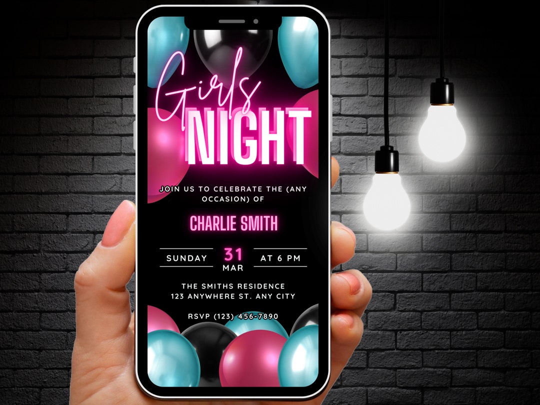 Digital Girls Night Out / in Invitation, Animated Teal & Pink Birthday ...