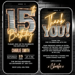 Modèle d'invitation à une fête d'anniversaire pour 15 ans et carte électronique de remerciement, 15 invitations vidéo numériques à modification automatique pour adolescents, 15e anniversaire Bash Evite