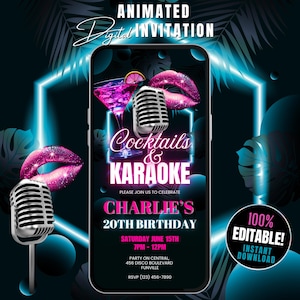 Pode incluir: Convite digital para uma festa de karaokê e coquetéis. O design apresenta um smartphone com detalhes em azul neon, um copo de Martini e lábios rosa brilhantes. O convite inclui o texto "Cocktails & Karaoke" e os detalhes do 20º aniversário de Charlie.
