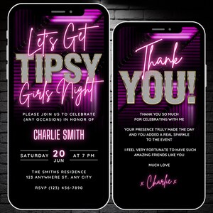 Digital Lets Get Tipsy Girls Night Out Invitation, Editable Neon Pink Girls Night Invite, Bachelorette Party Video Invite & Thank You eCard