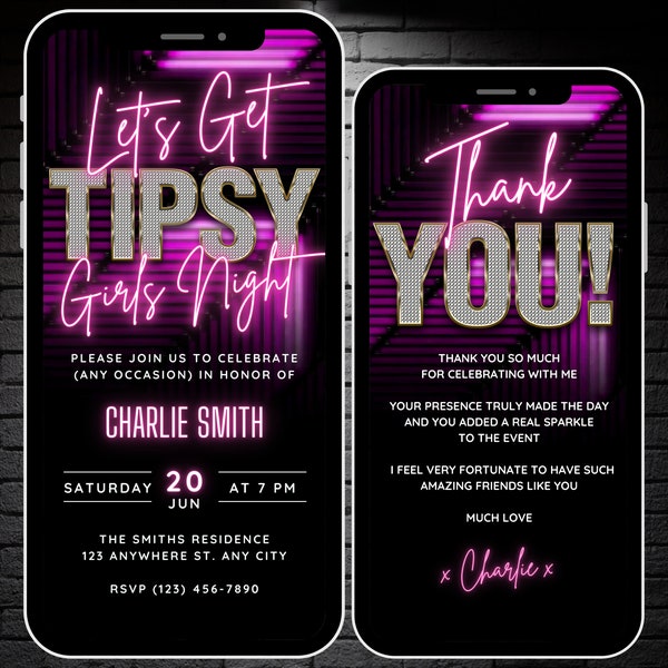 Digital Lets Get Tipsy Girls Night Out-Einladung, bearbeitbare Neon Pink Girls Night einladen, Junggesellinnenparty-Video einladen & Danke eCard