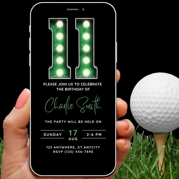 11th Birthday Invitation for boys, 11 Year Old Birthday Party Invite Template, Simple Discrete Top Golf Sports Themed Text Invite Evite