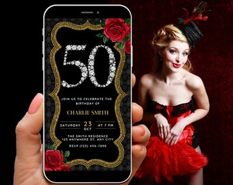 Womens 50th Birthday Invitation Template, Red & Gold 50th Digital Invite with a Festive Theme, Diamond 50 Phone Invitation for Women Evite