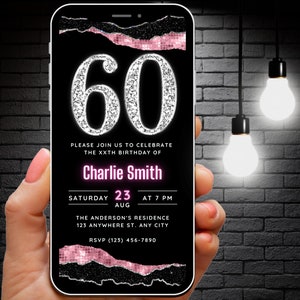 Digital 60th Birthday Invitation, 60th Diamond Invitation for women, Editable 60th Party invite Rose Gold, 60 Evite Sixty Invite Template