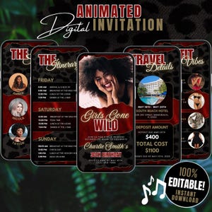 Digital Girls Weekend Trip Invitation Animated, Girls Gone Wild Leopard Print Birthday Travel Itinerary Invite, Getaway Beach Vacation Evite