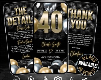Animated 40th Birthday Party Invitation Digital, Editable Silver Black Gold Birthday Milestone Forty Invite with Details & Thank You Card