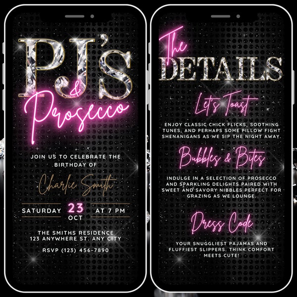 Adult PJs & Prosecco Party Invitation, Digital Pajama Party Birthday Invitation, Neon Pink Girls Night Pyjama Party Evite with Itinerary