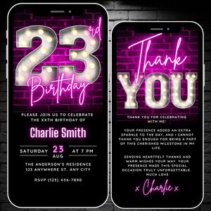 Modèle d'invitation pour 23e anniversaire à télécharger pour femme, invitation modifiable pour la 23e année jordanienne, 23e invitation à une fête et carte électronique de remerciement Evite