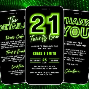 Animated 21st Birthday Invitation Template, Digital 21st Birthday Invite for Boy, Neon Invite, 21st Birthday Evite, Phone Invite Bundle