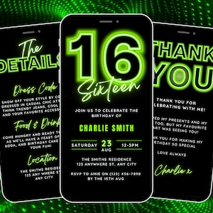 Animated 16th Birthday Invitation, 16th Digital Invite for Boy, 16 yr old Bday Video Invitation, Neon Invite Template, Mobile Phone Evite