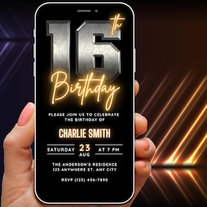 16th Birthday Invitation Template for Men, 16th Birthday Invite for Him, Rustic Retro Neon 16 Party Digital Evite Ecard Self Edit Download