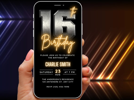 16th Birthday Invitation Template for Men, 16th Birthday Invite for Him, Rustic Retro Neon 16 Party Digital Evite Ecard Self Edit Download