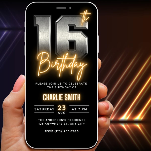 16th Birthday Invitation Template for Men, 16th Birthday Invite for Him, Rustic Retro Neon 16 Party Digital Evite Ecard Self Edit Download