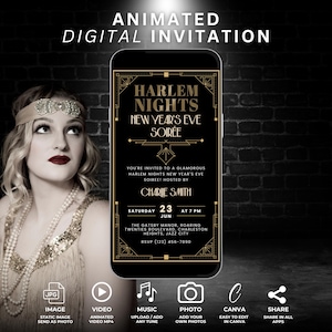 Animated Harlem Nights New Year&#39;s Eve Soirée Digital Invitation, Great Gatsby Party Invite, Art Deco Gold Black Theme, Speakeasy 1920s Evite