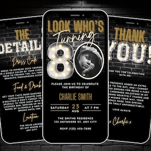 Look Who&#39;s Turning 80, Mens 80th Birthday Party Invitation with Photo, Digital 80th Invite Template, Eighty Evite, Mobile Invite Flyer