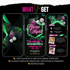 May include: Digital invitation design for a game night themed 30th birthday party. The design features a neon green and pink color scheme with playing card and dice graphics. Includes details for location, time, and dress code.