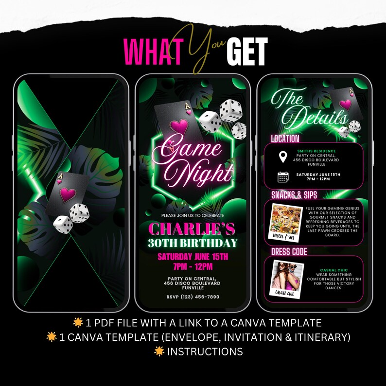 May include: Digital invitation design for a game night themed 30th birthday party. The design features a neon green and pink color scheme with playing card and dice graphics. Includes details for location, time, and dress code.