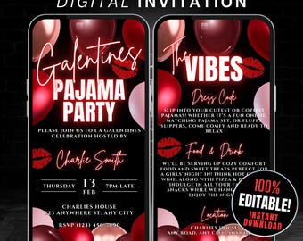 Op de afbeelding: Een digitale uitnodiging voor een Galentine's Pajama Party. De uitnodiging heeft een zwarte achtergrond met rode, roze en witte ballonnen, rode lippen en neontekst. De tekst luidt "Galentine's Pajama Party", "Charlie Smith", "Donderdag 13 februari, 19:00 uur - laat", "Charlie's House, 123 Anywhere St., Any City", "RSVP (123) 456-7890", "The Vibes", "Dresscode", "Trek je schattigste of meest comfortabele pyjama aan! Of het nu een leuke onesie, een bijpassende pyjamaset of fluffy slippers zijn, kom comfortabel en klaar om te ontspannen", "Eten en drinken", "We serveren gezellig eten en zoete lekkernijen, perfect voor een avondje met vriendinnen! Denk aan warme wijn, pizza en drankjes. Geniet van al je favoriete snacks terwijl we chillen. Geniet van de avond", "Locatie", "Charlie's House, Any Road, Any City, Anywhere", "100% bewerkbaar! Direct downloaden".