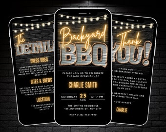 May include: A black and gold digital invitation for a backyard BBQ. The invitation features a neon sign that says "Backyard BBQ" and includes details about the event, including the date, time, and location. The invitation also includes a thank you message for guests.