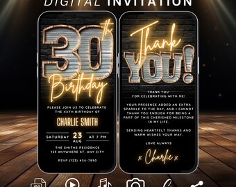 30th Birthday Invitation for Men Black & Gold 30 Birthday Party Invite Canva Template, Rustic Digital Animated Invite with Thank You eCard