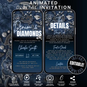 Digitale Denim & Diamanten Einladung Reiseplan, Selbst bearbeiten animierte Blue Jeans Party Evite, Bling Denim Geburtstagsessenparty einladen.