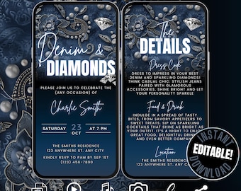 Digital Denim & Diamonds Invitation Itinerary Template, Self Edit Animated Blue Jeans Party Evite, Bling Denim Birthday Dinner Party Invite.